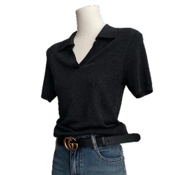 Slimming Paper People ~ Minimalist Polo Collar Ice Silk Knitted Shirt Women's Summer Short Sleeve T-Shirt Scissors V-Collar Top