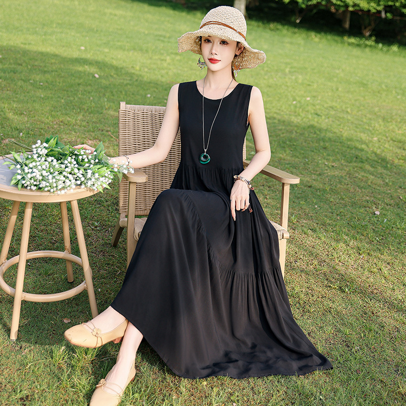 Summer Sleeveless Cotton dress Women's plus size Loose Long Over-the-knee New Style Western Style Slimming High-end Sense Cake Skirt