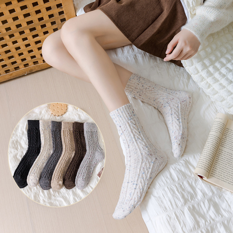 Brown Wool Socks for Women, Autumn and Winter Slouch Socks, Thickened Warm Mid-Calf Socks, Fine Cotton, Winter Retro Melard Long Socks