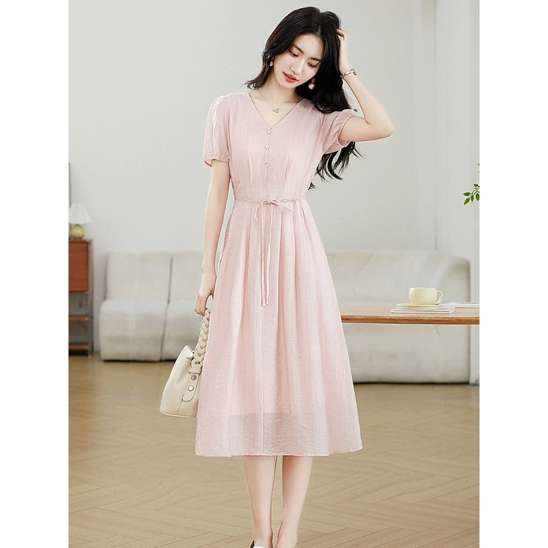 Настоящее фото простого и элегантного платья для женщин лето 2025, новинка, V-образный вырез, высококачественная розовая юбка с завышенной талией