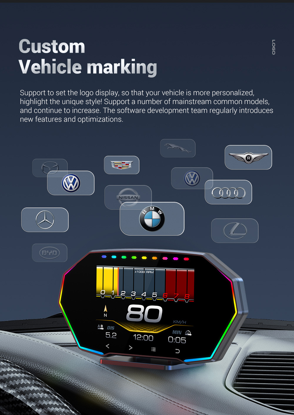 Touchscreen Car HUD Head-Up Display LCD OBD Multifunctional Water Temperature Fuel Consumption GPS Speed Slope Meter F11