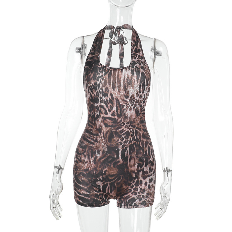 YL25066 Europa y América transfronteriza 2025 verano nuevo producto estampado de leopardo cuello halter cuello en V moda ceñida cadera mono