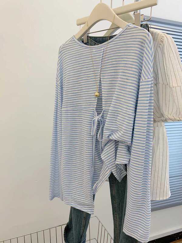 Blue Striped Girl's Long-sleeved T-shirt Top Women's Summer Casual All-match Thin Loose Lazy Sun Protection Ins Blouse