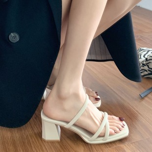 Not tired feet! Sandals Women's Summer 2024 New Arrival One-Shoe Belt Back Empty Square Toe Open Toe Thick Heel Slippers