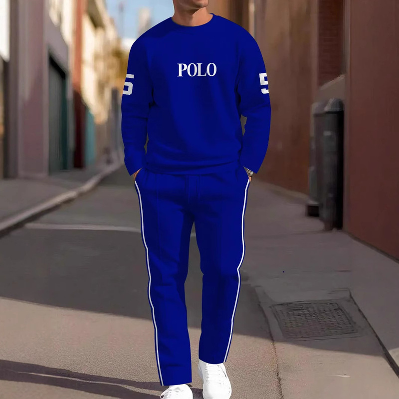 Round Neck Tech Print Sports Suit for Men, Long-Sleeved, Long-Pants, Loose Sweatshirt and Sweatpants, Casual Sportswear Set