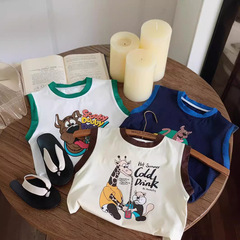 Boys' Cartoon Round Neck Sleeveless Tank Top and Striped Leisure Pants Set 2024 Summer New Fashion Casual Korean Style Trend