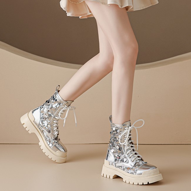 Boot nữ cổ thấp hở mũi dây buộc đế platform cao 5 cm màu bạc sequin — màu đen, bạc