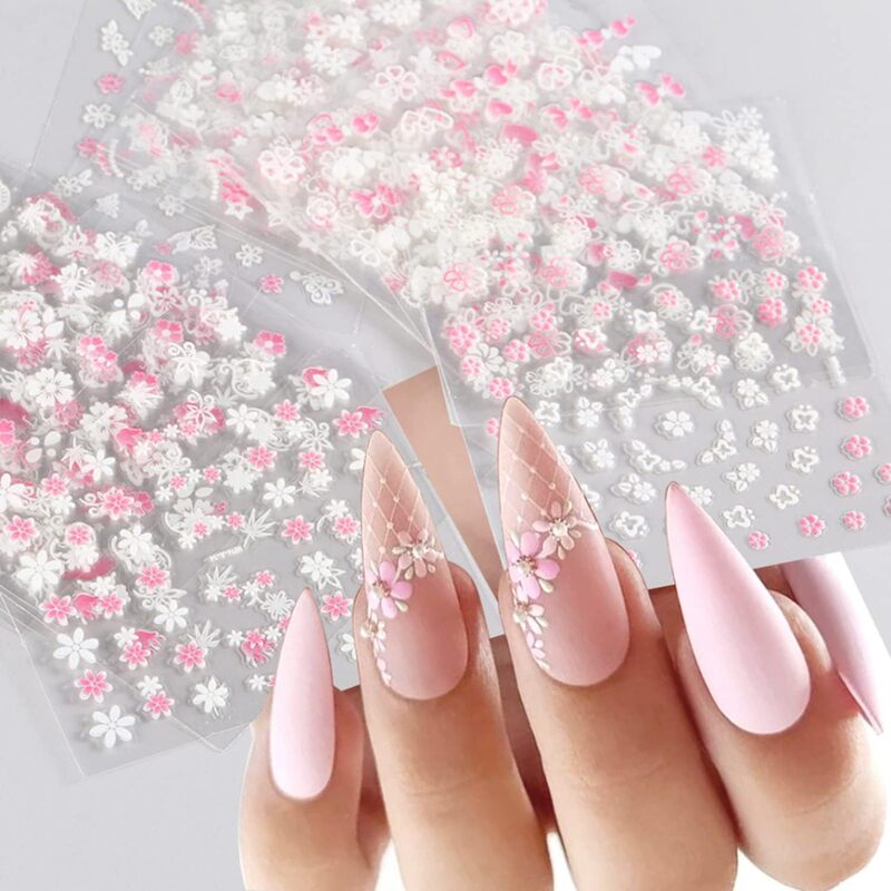 Cross-border Explosions Flower Nail Art Sticker 3D Self-adhesive Pink White Nail Design Nail Sticker