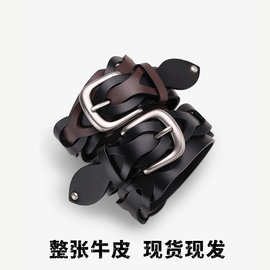 跨境新款老钱风手工编织腰带真皮免打孔长方形针扣欧美时尚皮带女