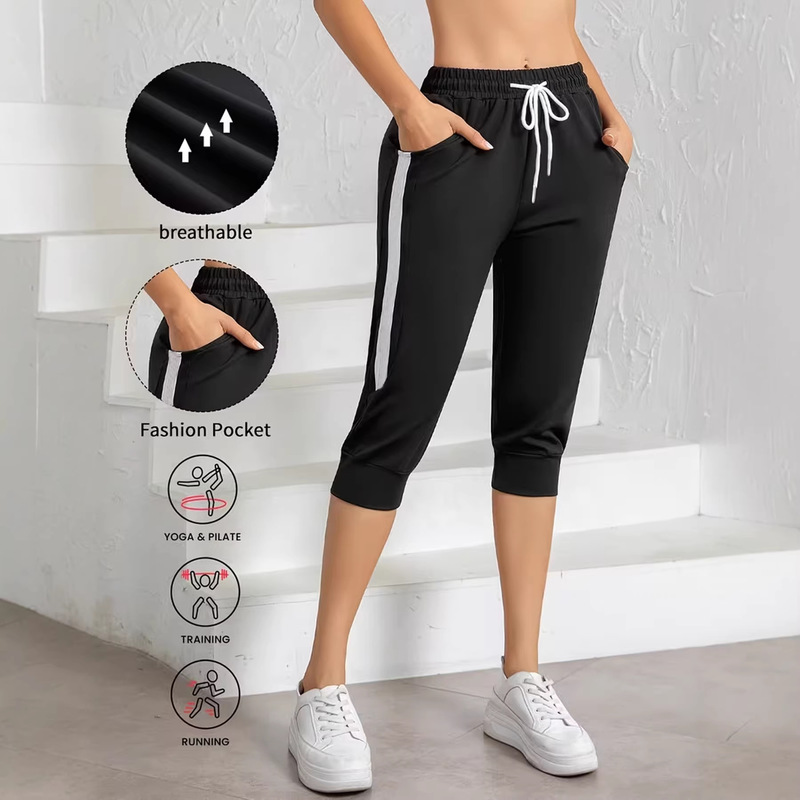 2026 New Cross-Border European and American Style Breathable Fabric Women's Capri Pants Casual Sports Pants with Pockets, Seven-Tenths Length for Women