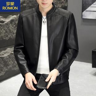 Romon/Romon New Men's Vertical Collar Young and Middle-aged Vertical Collar Casual Korean Fashion Fall/Winter fleece-lined Leather Jacket for Men