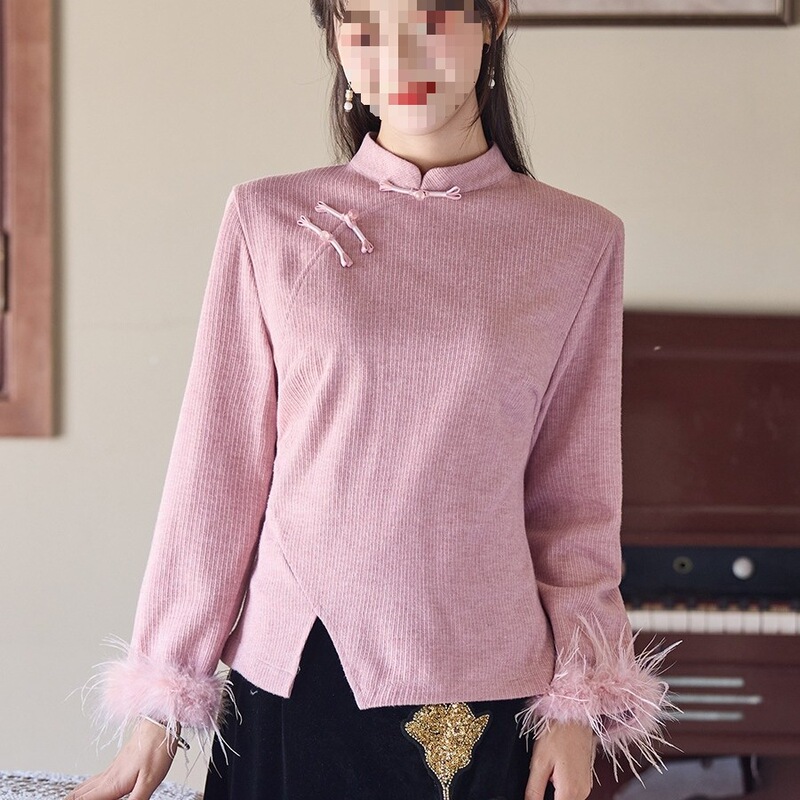 Autumn and Winter New Chinese Style National Style Velvet Shirt for Women, Unique Split Hem Base Shirt, Cheongsam Tang Suit Top with Fur