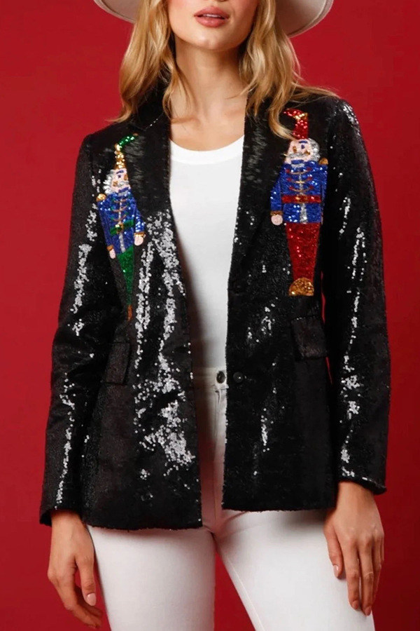 Long Sleeve Sleeve Length Women's Coat Long Sleeve Blazers Button Christmas Cartoon