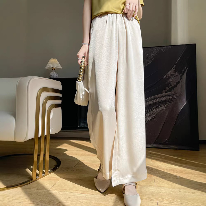 Satin Jacquard Wide-Leg Pants for Women, 2026 Summer New Style, Drapey New Chinese Style, Straight-Leg Floral Floor-Length Casual Pants