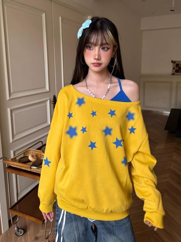 新款潮牌设计感假两件星星印花卫衣女2025秋季新款学院风宽松上衣|undefined