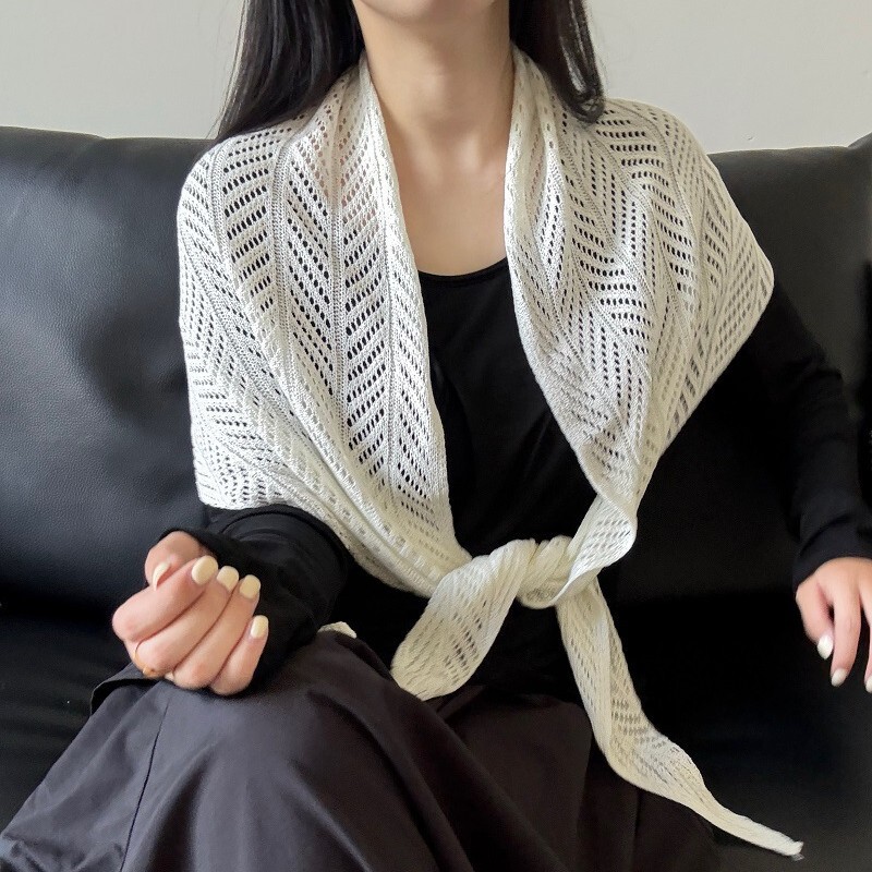 自制镂空针织披肩三角巾女夏季薄披肩麻感罩衫防晒空调衫冰丝披肩|undefined