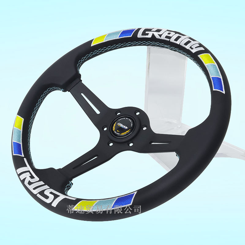 Factory direct sale GREDDY modified 14inch genuine leather steering wheel, personalized universal concave three-color stripe embroidered steering wheel
