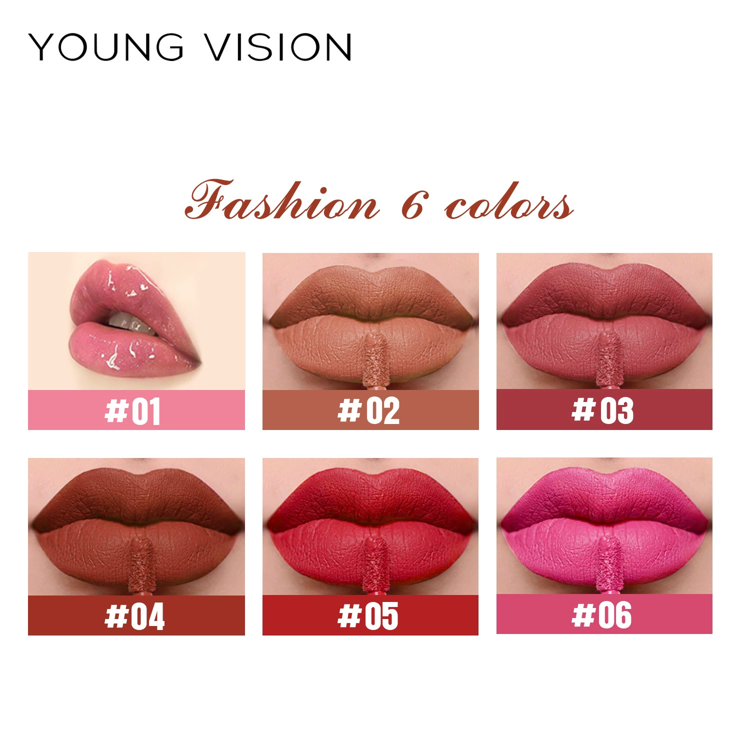 Matte Liquid Lipstick Set (YOUNG VISION), 6 Colors with Lip Plumper, 1.5 ml x6