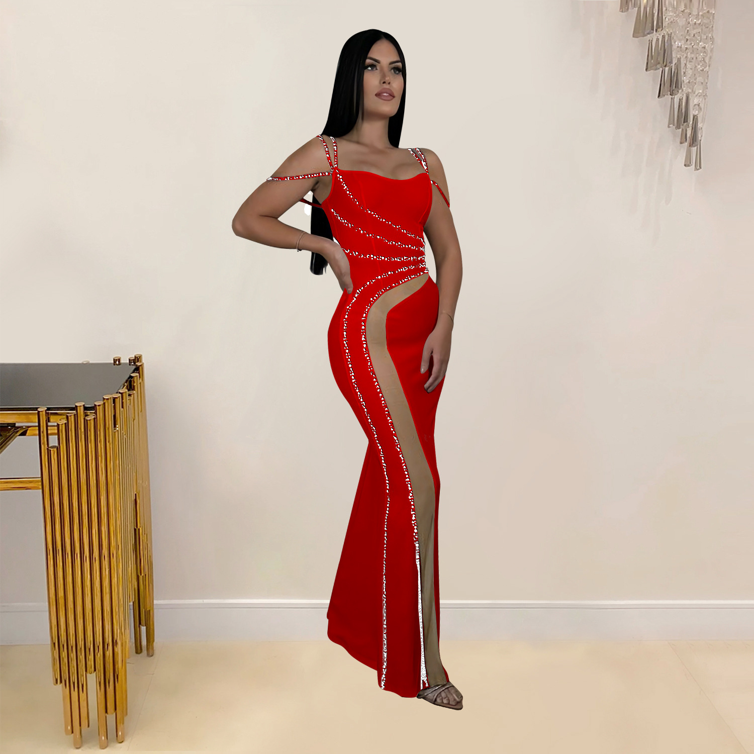 C7027 Cross-border AliExpress Amazon Estación independiente Moda europea y americana Vestido de malla de color sólido de diamantes calientes para mujer Nuevo image 8