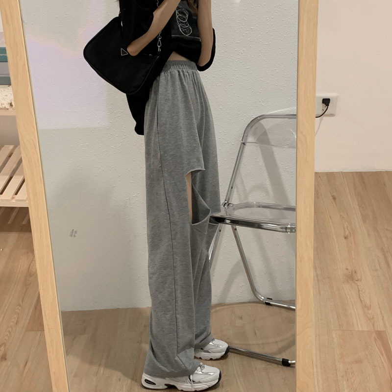 6535 Cotton Korean Style Ripped High Waist Sports Casual Pants Women's Grey Trousers Loose Wide Leg Pants Slimming Straight Trendy Pants