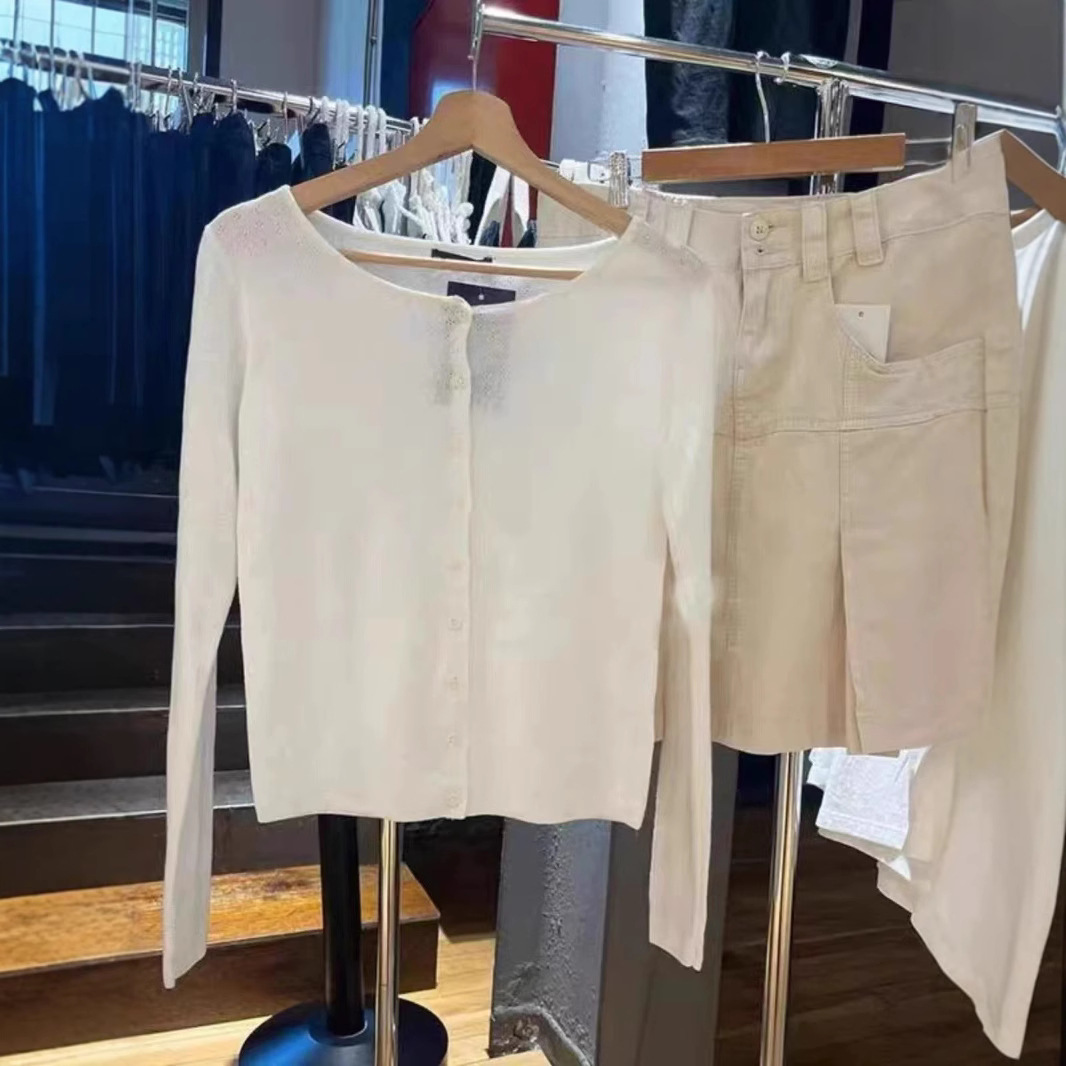 BM new style hollow-out pinhole round neck white sweater women's bm cardigan coat thin long-sleeved single-breasted top