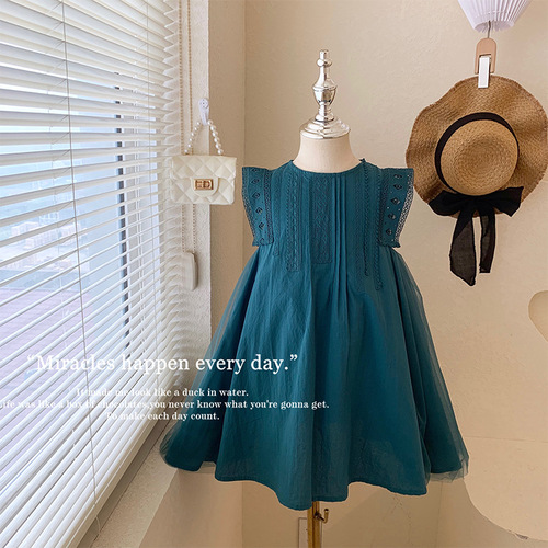  Girls Summer Turquoise Mesh Splicing Large Skirt Sleeveless Lace Vest Dress Princess Dress Trendy