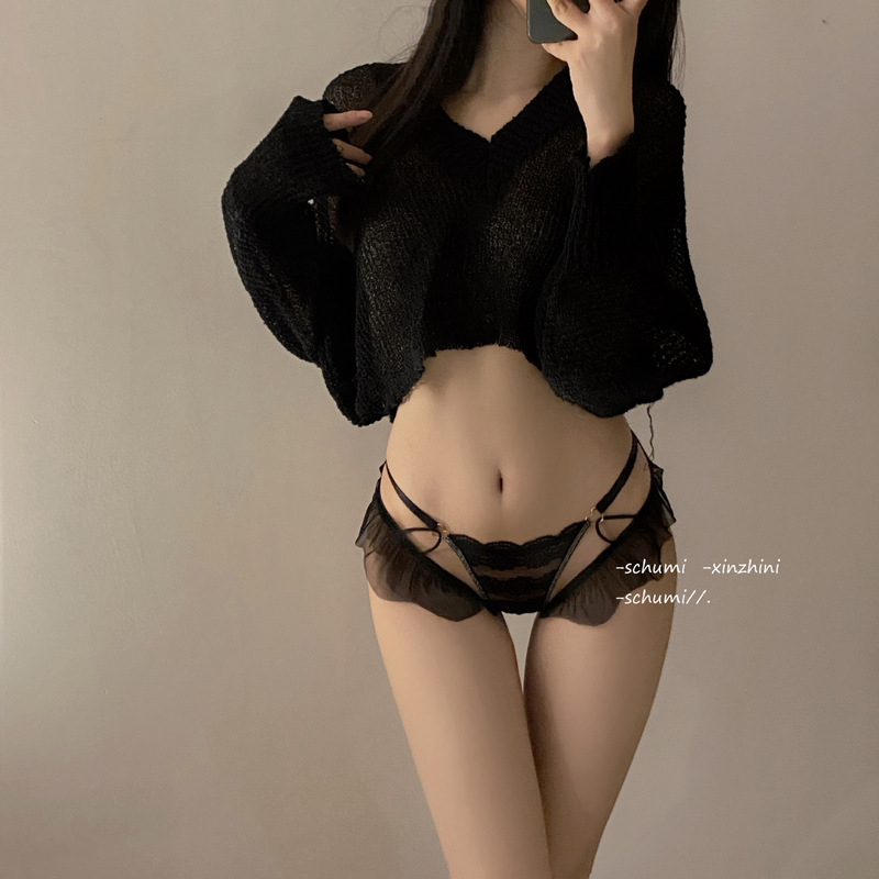 High-end French Sexy Fashion Pure Desire Style Lace Underwear Women's Hollow Ring Buckle Thin Belt Breathable Ladies Briefs