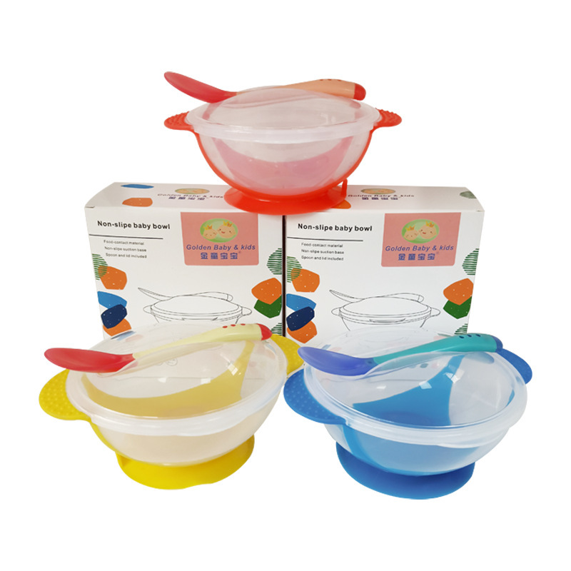 Baby Suction Cup Bowl with Box Packaging Temperature Sensing Suction Cup Bowl Set Baby Training Bowl Complementary Food Bowl Manufacturer Ready Stock