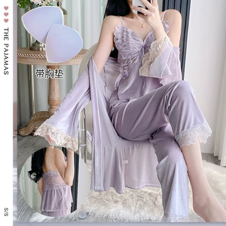 舒适家居服蝴蝶金丝绒睡衣女性感带胸垫金丝绒吊带睡裙睡袍三件套
