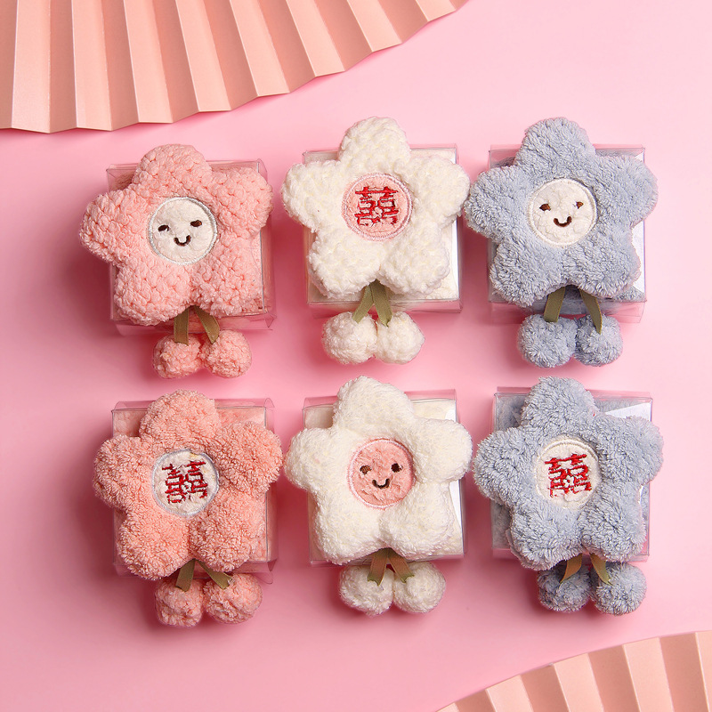 Flower towel souvenir, wedding lettering small square scarf, coral velvet, bridesmaid return gift towel, high-end wedding supplies