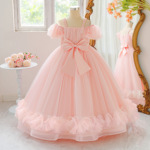 批发亚马逊中大童礼服公主裙蝴蝶收腰网纱蓬蓬长裙小主持人演出服