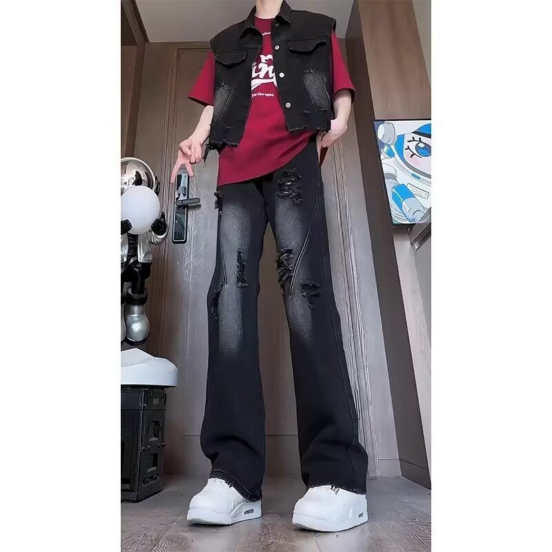 Autumn American Style Ripped Denim Cropped Pants Plus Size Men's High Street Long Straight-Leg Flared Pants Wholesale Autumn American Style Ripped Denim Cropped Pants Plus Size Men's High Street Long Straight-Leg Flared Pants Wholesale