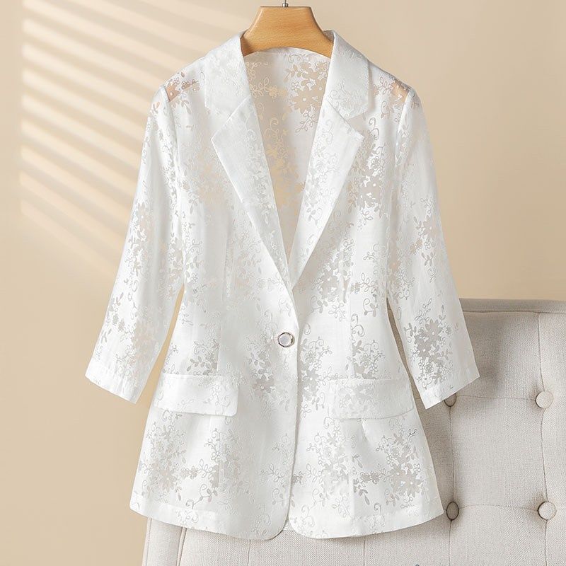 Summer Thin Blazer for Women, Three-Quarter Sleeves, Floral Hollow-Out Design, Slim Fit, Elegant and Versatile, Sun-Protective Small Blazer Summer Thin Blazer for Women, Three-Quarter Sleeves, Floral Hollow-Out Design, Slim Fit, Elegant and Versatile, Sun-Protective Small Blazer