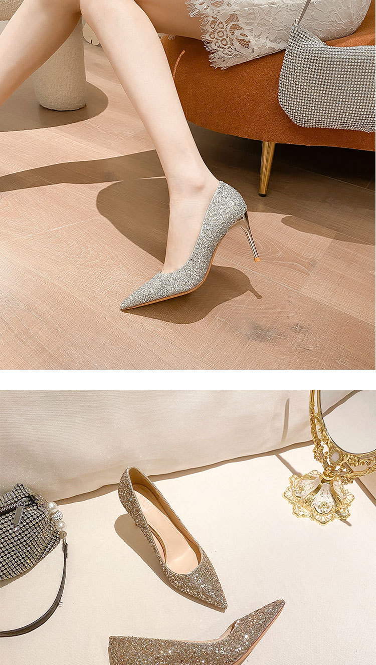 A133 scarpe da sposa con tacco sottile estivo in pelle a punta con paillettes dorate piccole e profumate scarpe da sposa da donna in stile francese_voghion.com
