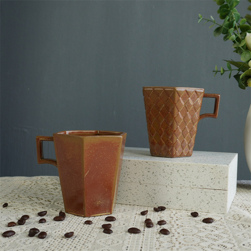 Grobkeramik-Vintage-Becher mit kreativem Henkel, hochwertige Kaffee- und Frühstückstasse im orientalischen Stil_voghion.com