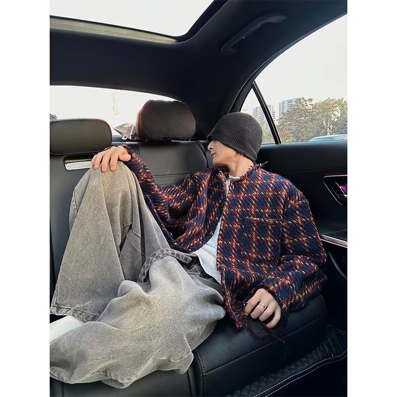 美式复古重磅针织长袖衬衫男款秋季小香风格纹设计高级感痞帅外套|undefined