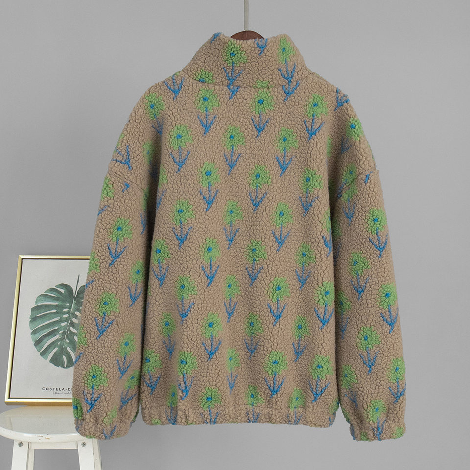 Áo nỉ lông cừu dệt jacquard nữ dáng rộng cổ cao nửa khóa kéo tay dài — Tím, màu xanh lá cây chi tiết 6