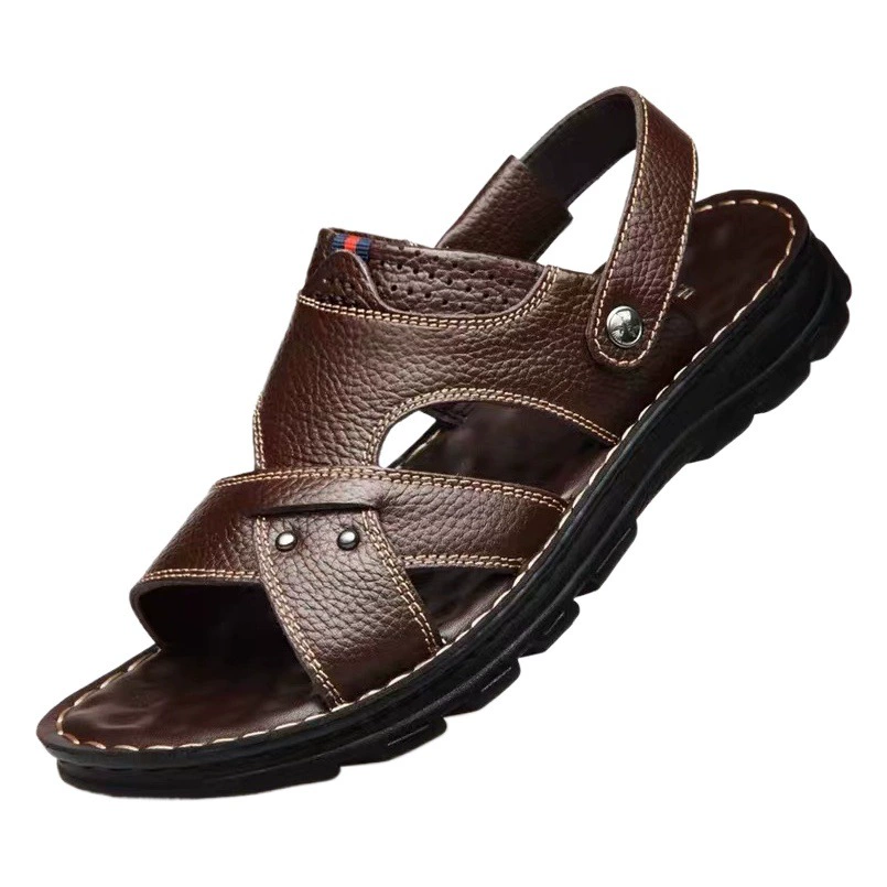 Сандалии, мужские повседневные пляжные туфли с верхним слоем из воловьей кожи, новые летние удобные сандалии и тапочки двойного назначения, универсальные уличные тапочки из натуральной кожи