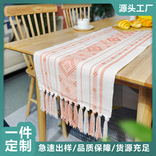 跨境提花流苏棉麻桌旗北欧菱形提花长桌布节日茶几影视柜桌旗批发