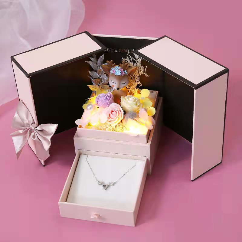520 Regalo del Día de San Valentín caja de cajón de doble puerta caja de regalo de collar de flores de jabón rosa caja de regalo de flores eternas de ciervo