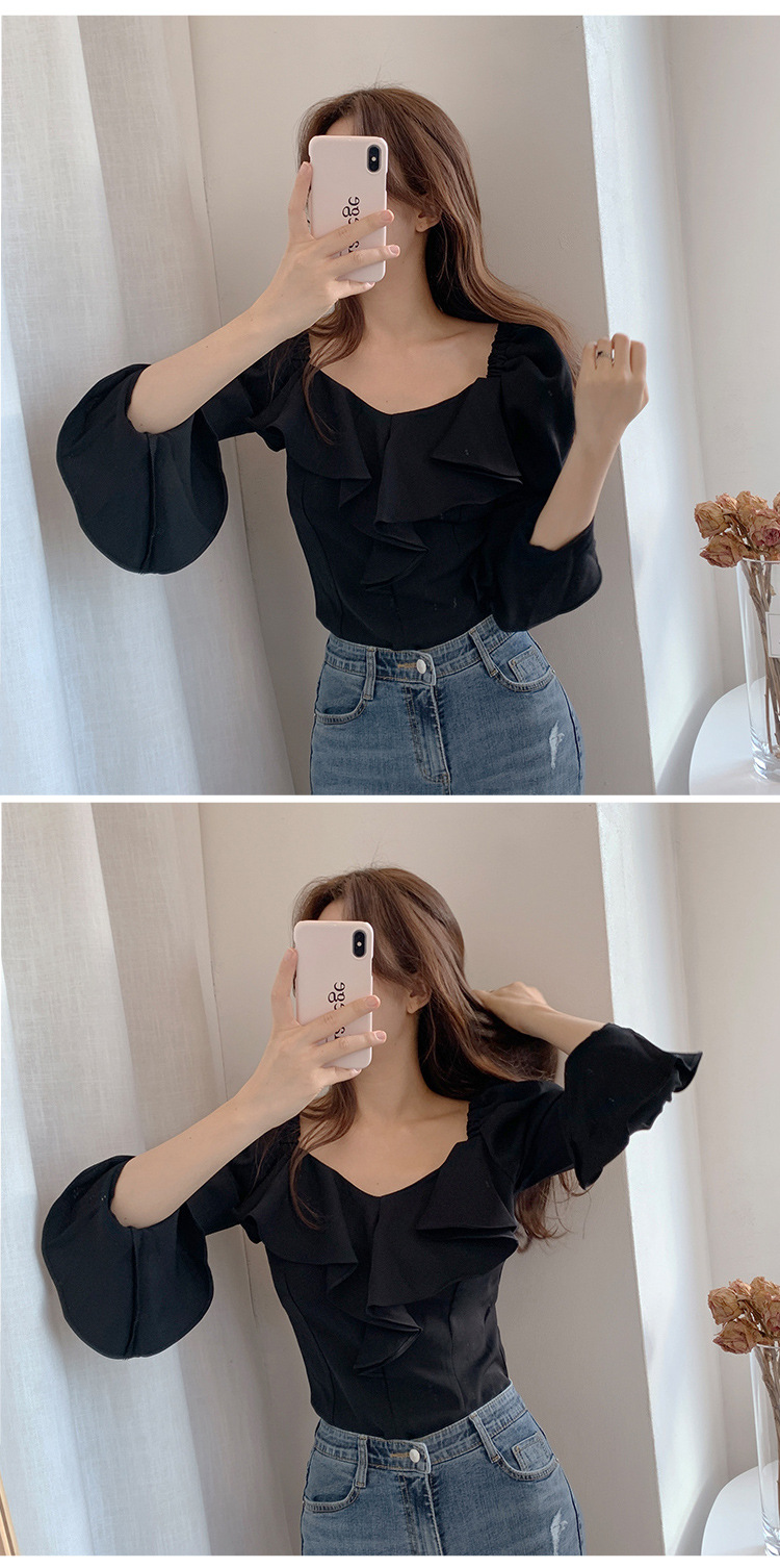 Solid Color Fungus Edge Slim Long-Sleeved Top NSFYF113703