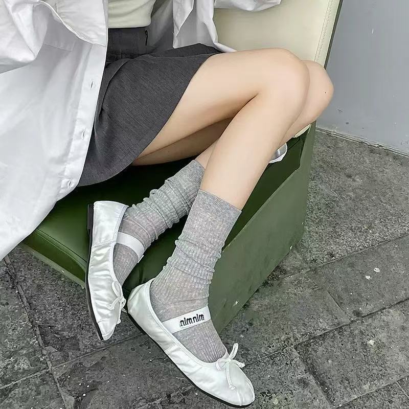 Ballet style ~ White socks Women's Mid-tube socks spring and summer thin strip women's socks with Mary Jane shoes JK pile socks