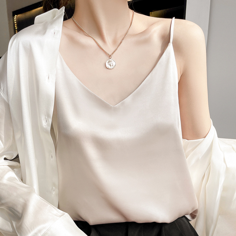 Camisole Women's Inner Suit White Black Bottoming Satin Silk Top Small Spring And Summer V-neck