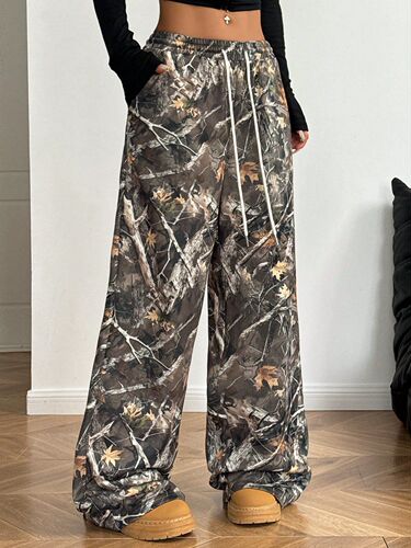 Cross-border European and American 2025 New Summer Fashion Casual Design Stretch Waistband Camouflage Printed Slimming Wide-leg Pants