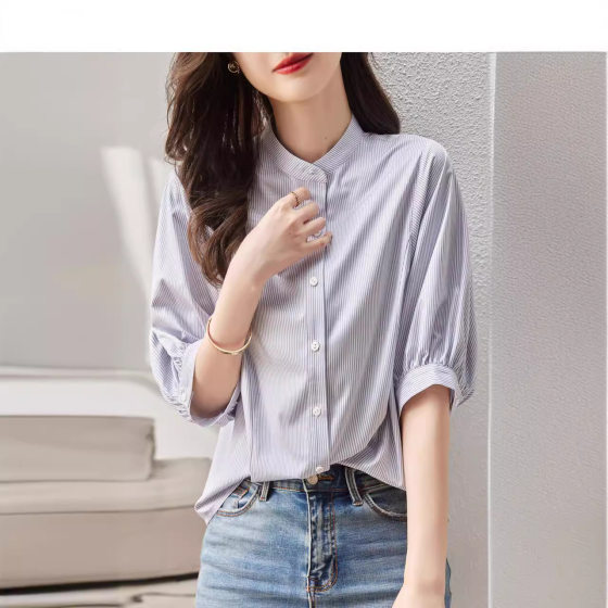 2024 Summer New Arrival Collar Half Sleeve Casual Elegant Striped Shirt Women's Short Sleeve Loose Thin Round Neck Shirt