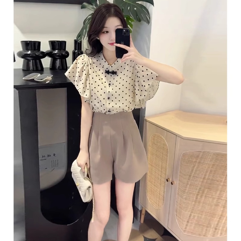 女性の夏の新しいフレンチスタイルのシフォンシャツスーツとショートパンツの2点セットの小さな女性のためのティースタイルの衣装|undefined