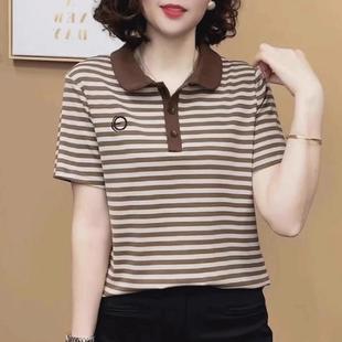 Pure Cotton Middle-Aged Women's Trendy Fashion Versatile Striped T-Shirt Summer Stylish Design Turn-Down Collar Embroidery Slimming Short Sleeve