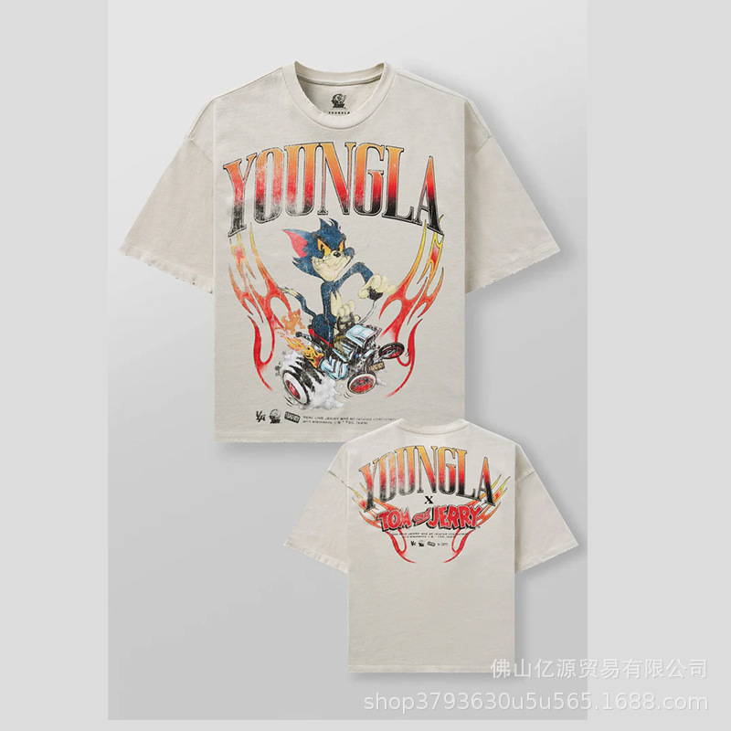 Youngla纯棉水洗肌肉运动宽松健身夏季短袖双面印花t恤休闲百搭|undefined