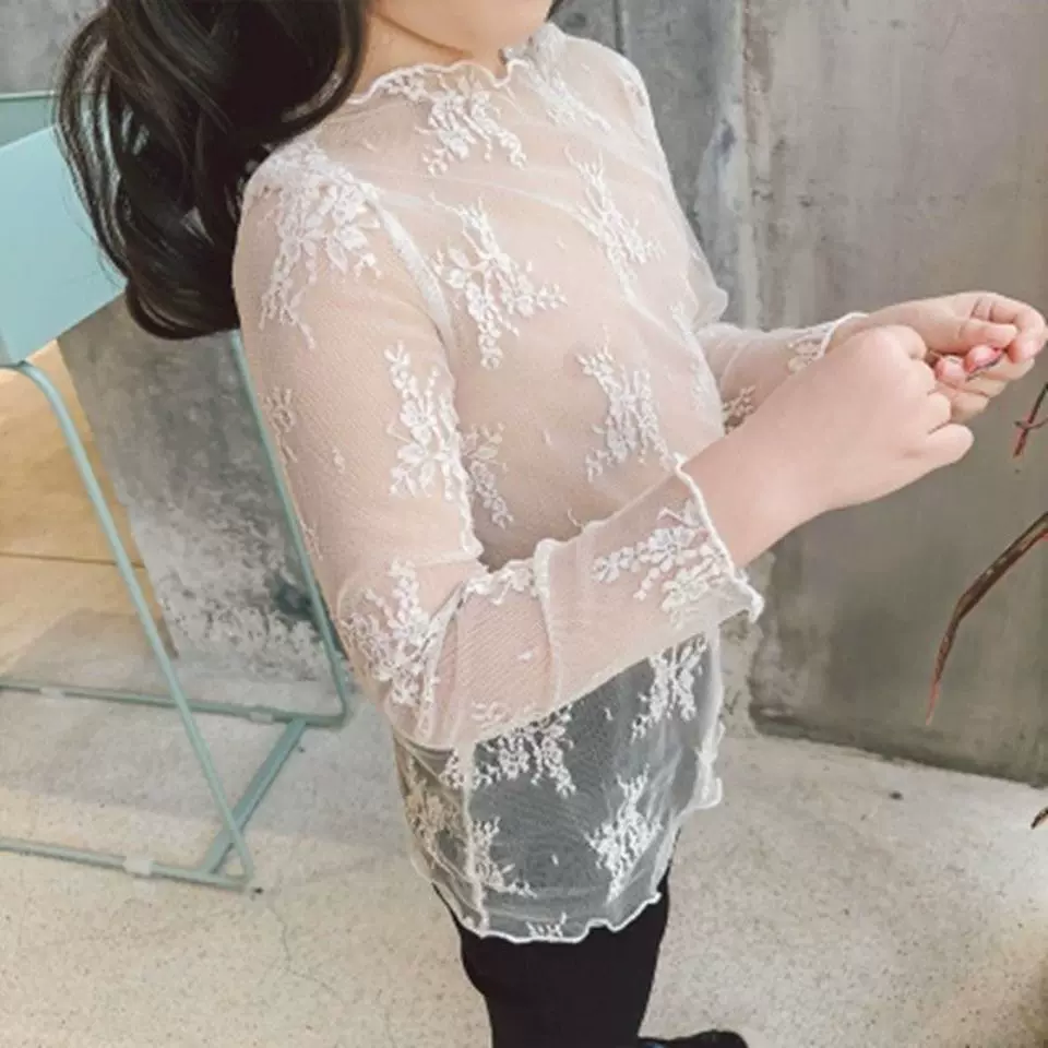 女童蕾丝打底衫韩版夏季防晒薄款儿童网纱上衣长袖T恤皮肤衣批发