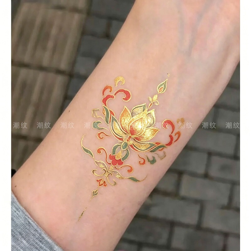 Dunhuang-style lotus tattoo stickers, waterproof and gold-embossed, Chinese-style koi fish, fresh and aesthetically pleasing, artistic colorful stickers Dunhuang-style lotus tattoo stickers, waterproof and gold-embossed, Chinese-style koi fish, fresh and aesthetically pleasing, artistic colorful stickers